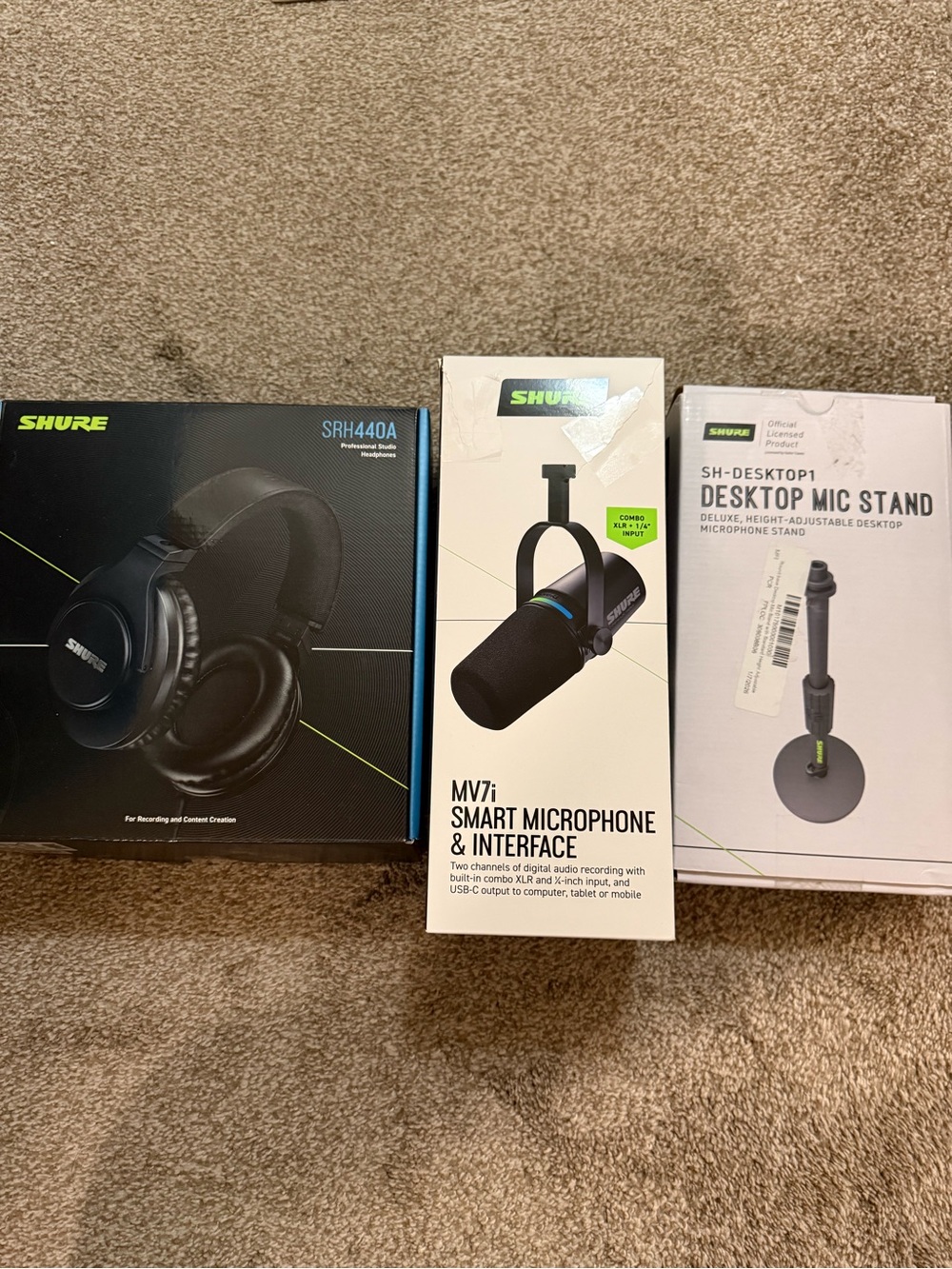 Shure SRH440A Headphones, MV7i Microphone, & Desktop Mic Stand IN ORIGINAL BOX,